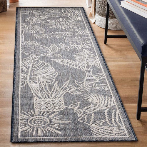 Tropical Sea Life Navy Indoor/Outdoor Rug - 2 x 8