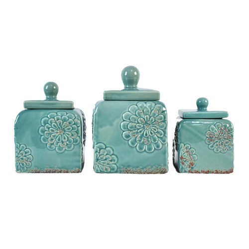 Distressed Floral Turquoise Canisters - Set of 3