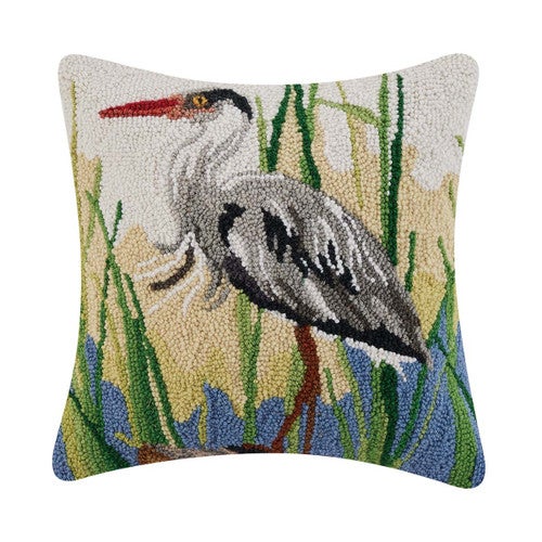 Elegant Blue Heron Hooked Pillow - Left Facing - OUT OF STOCK UNTIL 04/17/2025