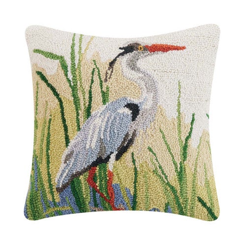 Elegant Blue Heron Hooked Pillow - Right Facing - OUT OF STOCK UNTIL 06/12/2025