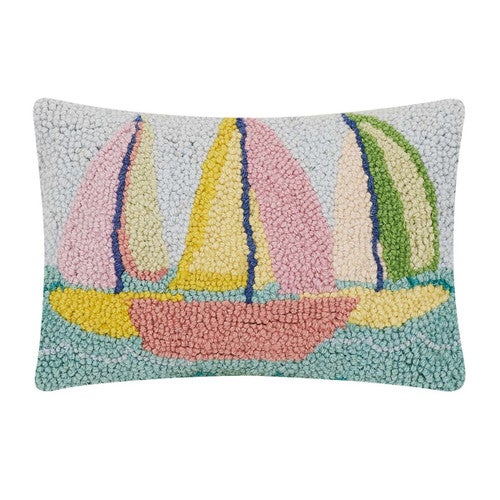 Seaside Sailboats Hooked Pillow