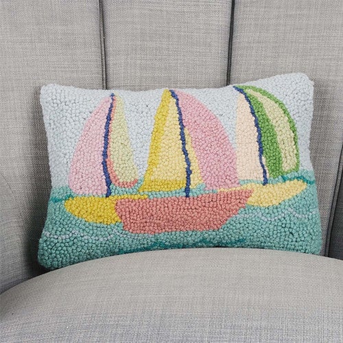 Seaside Sailboats Hooked Pillow