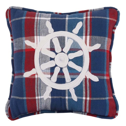 Coastal Ship Wheel Plaid Pillow
