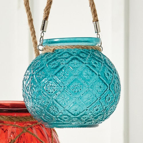 Embossed Hanging Blue Glass Jar