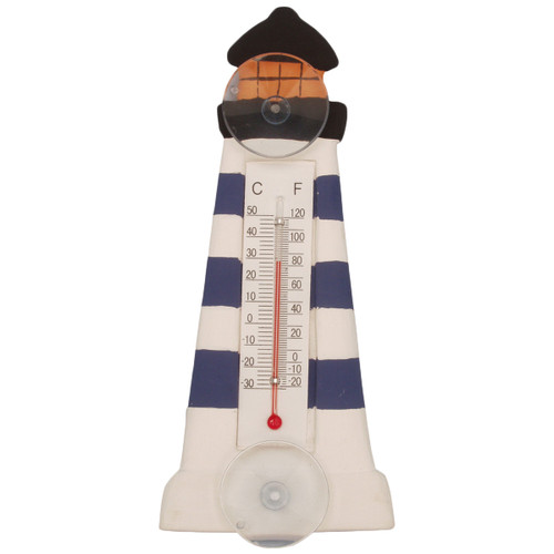 Blue & White Striped Lighthouse Small Window Thermometer