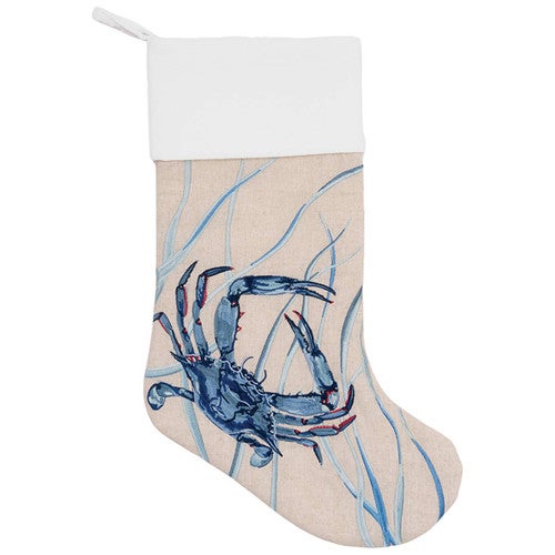 Crab Blues Embroidered Linen Stocking - OUT OF STOCK UNTIL 06/18/2026