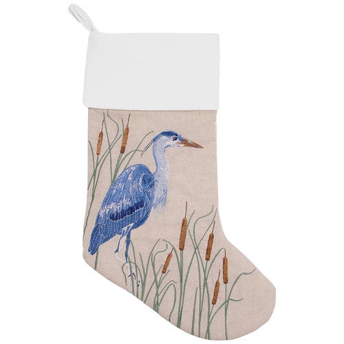 Cattails Heron Embroidered Linen Stocking - OUT OF STOCK UNTIL 06/18/2026