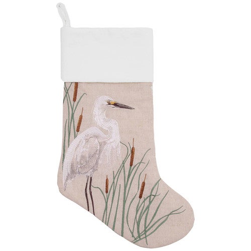 Cattails Egret Embroidered Linen Stocking - OUT OF STOCK UNTIL 06/18/2026