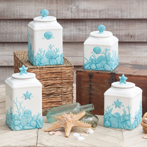 Blue Shells Ceramic Canisters - Set of 4