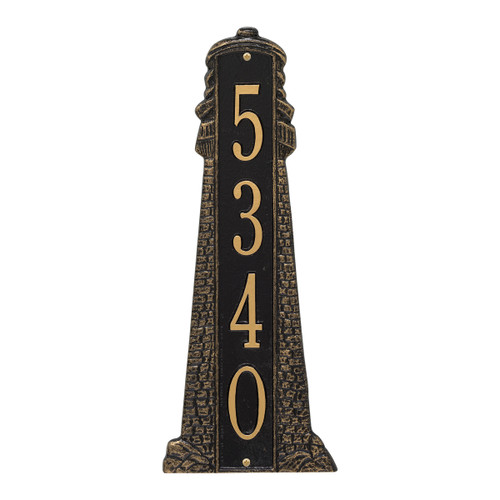 Large Lighthouse Vertical House Number Plaque - Black & Gold