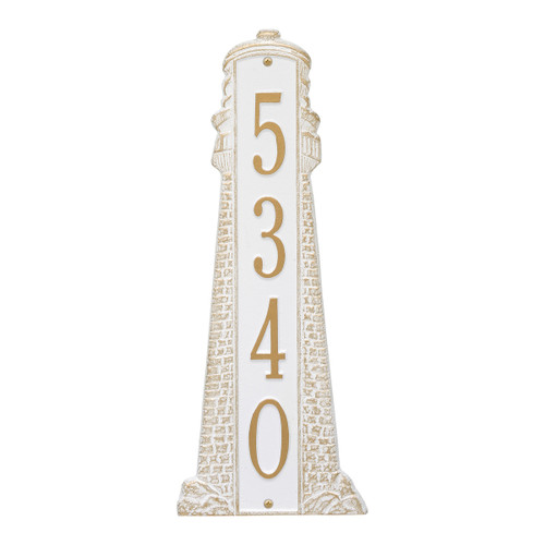 Large Lighthouse Vertical House Number Plaque - White & Gold