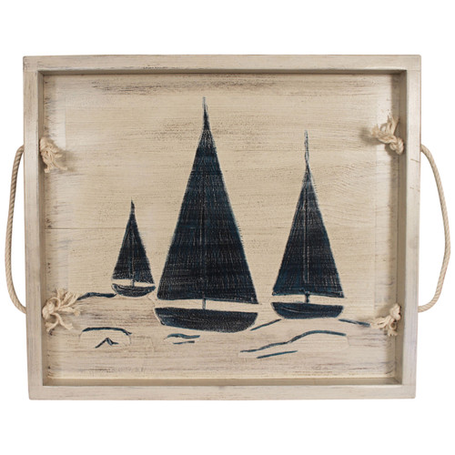 Navy Sailboats Wood Tray with Rope Handles