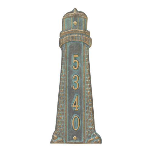 Small Lighthouse Vertical House Number Plaque - Bronze Verdigris