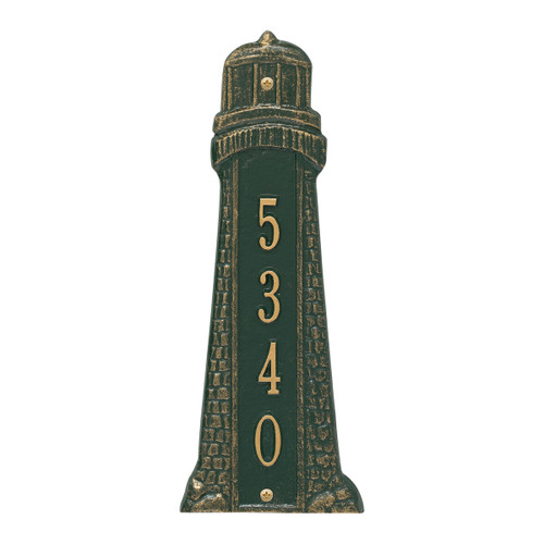 Small Lighthouse Vertical House Number Plaque - Green & Gold