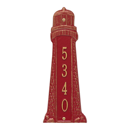 Small Lighthouse Vertical House Number Plaque - Red & Gold