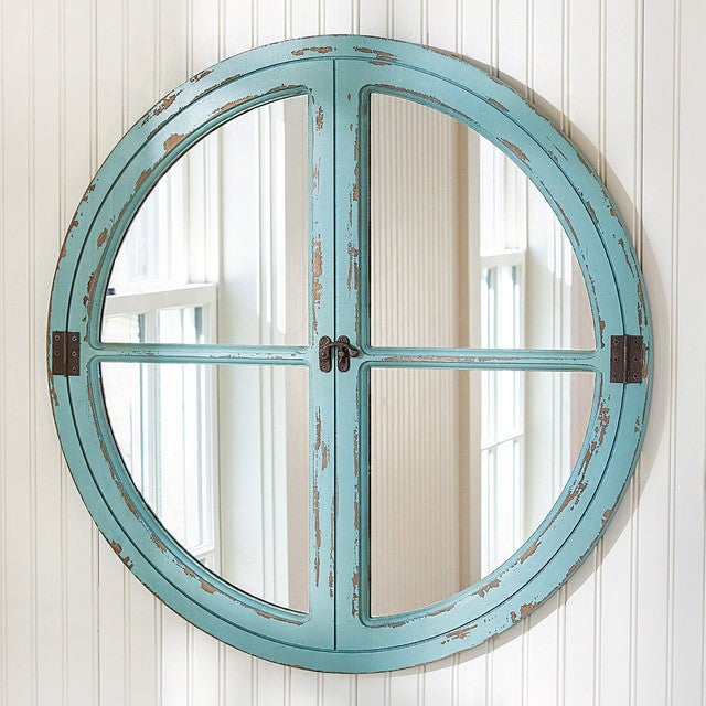 Weathered Sea Blue Round Mirror