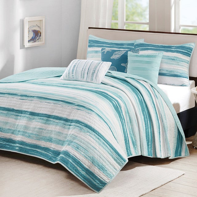 Blue Tide 6 Piece Quilt Bed Set - Full/Queen - OVERSTOCK