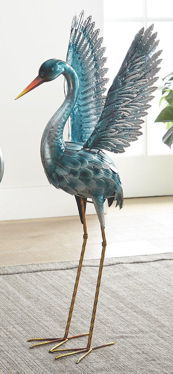 Sea Blue Metal Crane Statue - Looking Down