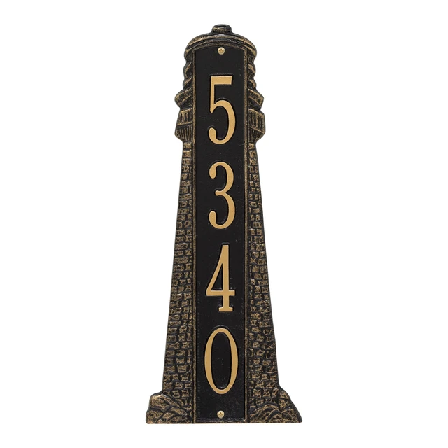 Large Lighthouse Vertical House Number Plaque - Black & Gold