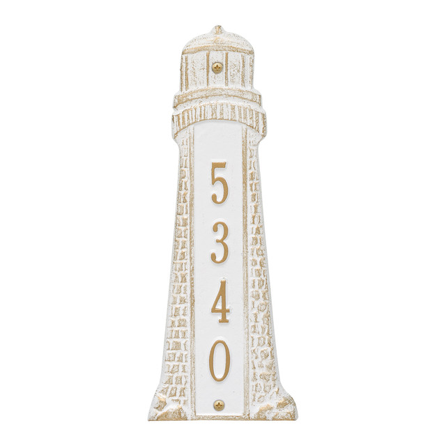 Small Lighthouse Vertical House Number Plaque - White & Gold